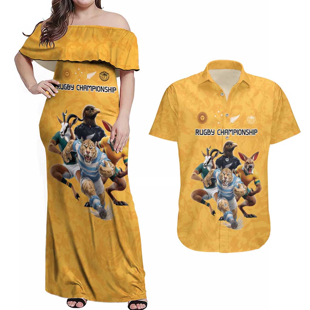 Custom Rugby Southern Hemisphere Couples Matching Off Shoulder Maxi Dress and Hawaiian Shirt Argentina AUNZ South Africa Mascot Gold LT9 Gold - Polynesian Pride