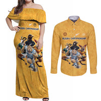 Custom Rugby Southern Hemisphere Couples Matching Off Shoulder Maxi Dress and Long Sleeve Button Shirt Argentina AUNZ South Africa Mascot Gold LT9 Gold - Polynesian Pride