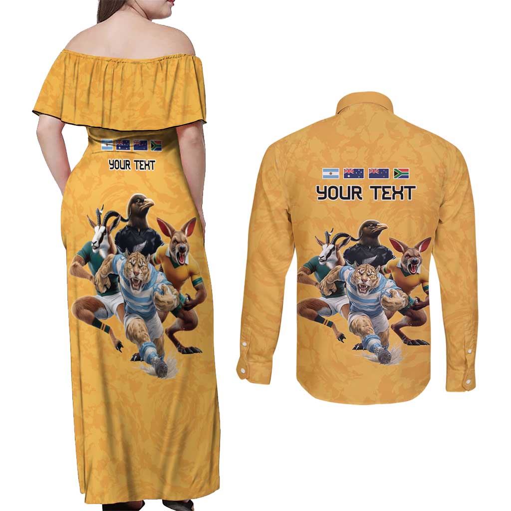 Custom Rugby Southern Hemisphere Couples Matching Off Shoulder Maxi Dress and Long Sleeve Button Shirt Argentina AUNZ South Africa Mascot Gold LT9 - Polynesian Pride