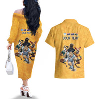 Custom Rugby Southern Hemisphere Couples Matching Off The Shoulder Long Sleeve Dress and Hawaiian Shirt Argentina AUNZ South Africa Mascot Gold LT9 - Polynesian Pride