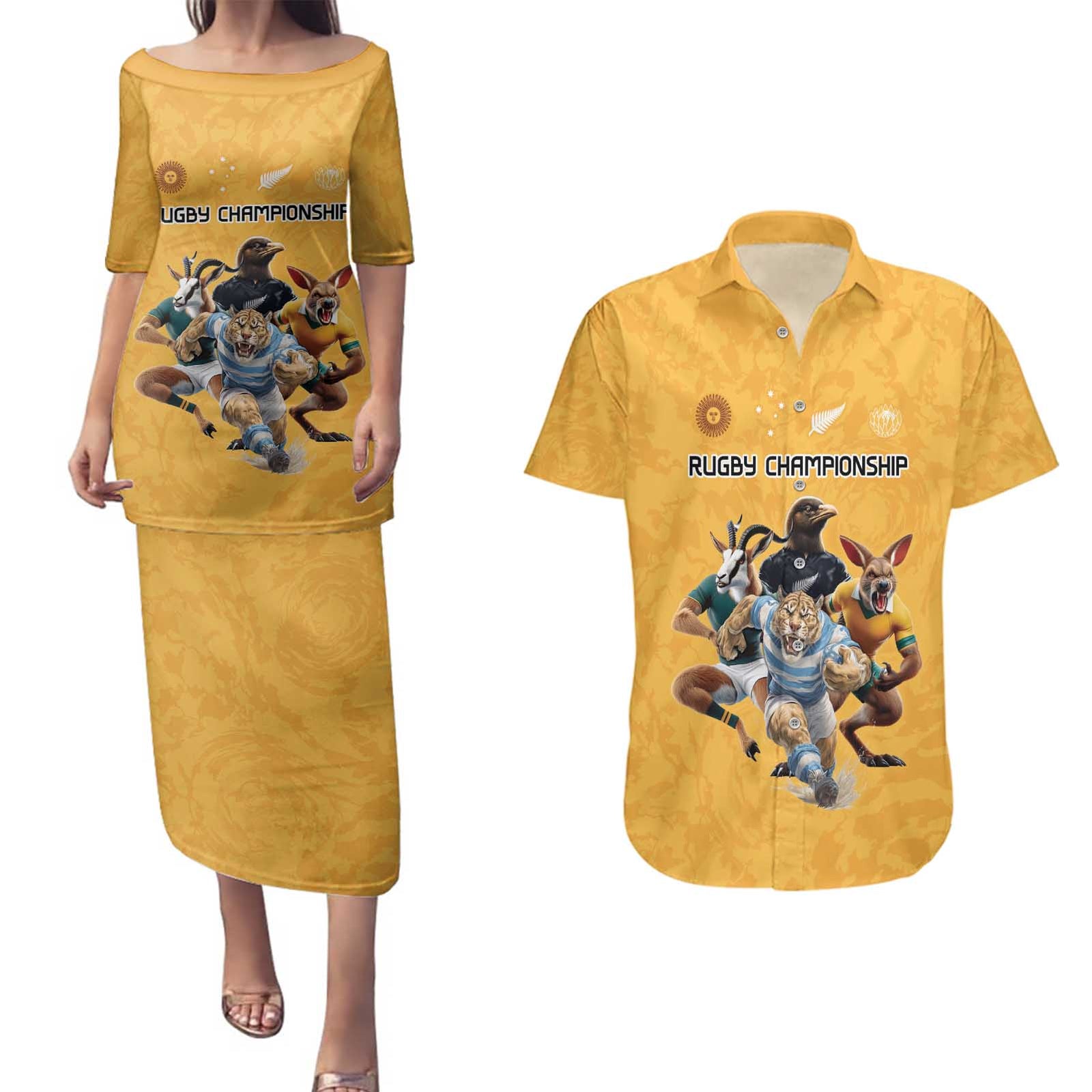 Custom Rugby Southern Hemisphere Couples Matching Puletasi and Hawaiian Shirt Argentina AUNZ South Africa Mascot Gold - Polynesian Pride