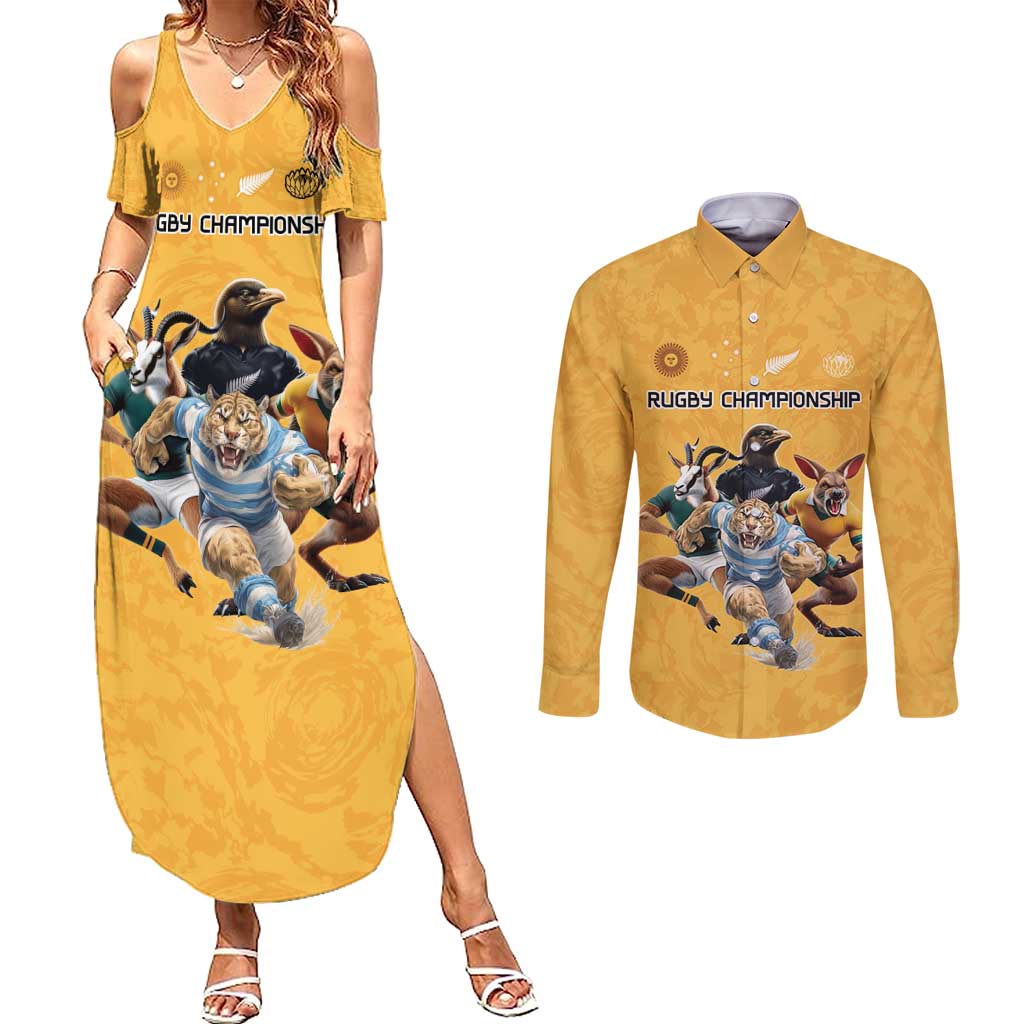 Custom Rugby Southern Hemisphere Couples Matching Summer Maxi Dress and Long Sleeve Button Shirt Argentina AUNZ South Africa Mascot Gold - Polynesian Pride