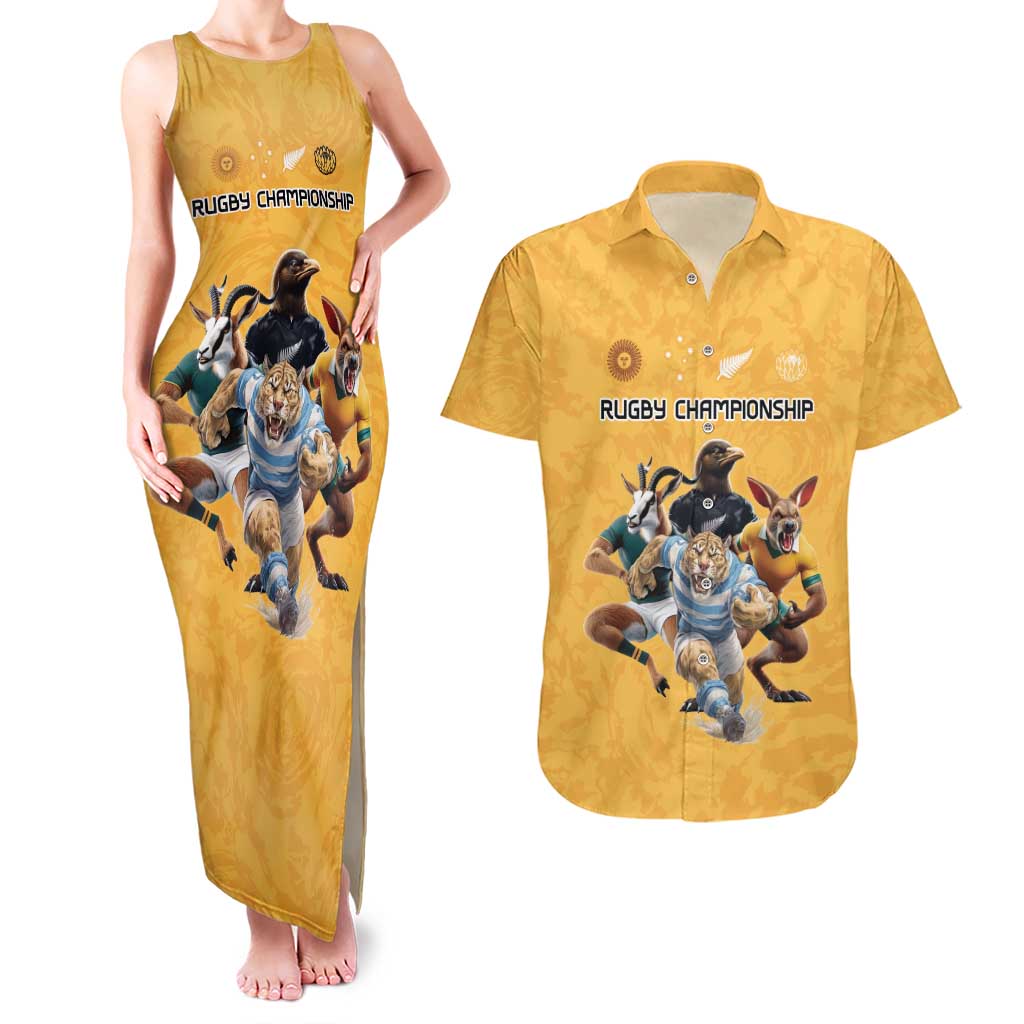 Custom Rugby Southern Hemisphere Couples Matching Tank Maxi Dress and Hawaiian Shirt Argentina AUNZ South Africa Mascot Gold - Polynesian Pride