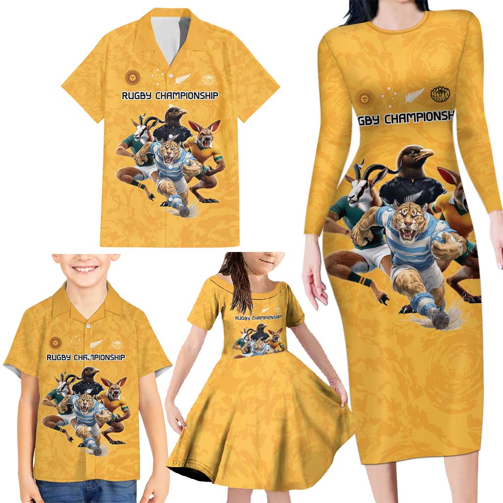 Custom Rugby Southern Hemisphere Family Matching Long Sleeve Bodycon Dress and Hawaiian Shirt Argentina AUNZ South Africa Mascot Gold LT9 - Polynesian Pride