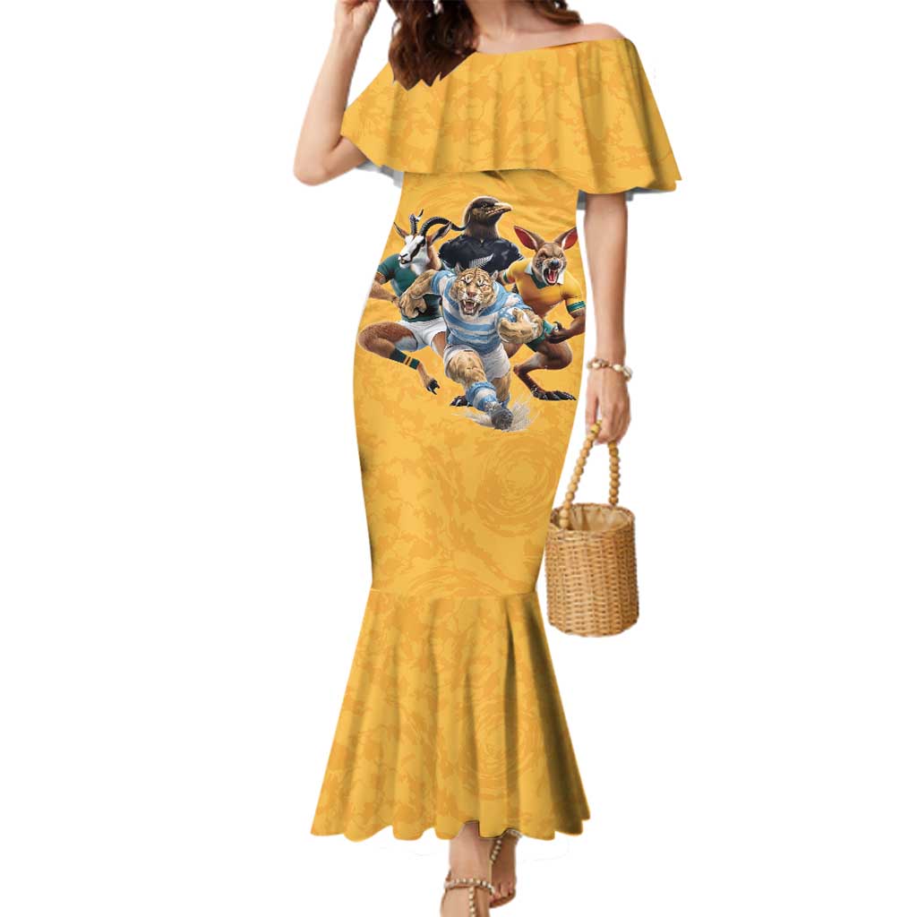 Custom Rugby Southern Hemisphere Family Matching Mermaid Dress and Hawaiian Shirt Argentina AUNZ South Africa Mascot Gold LT9 Mom's Dress Gold - Polynesian Pride
