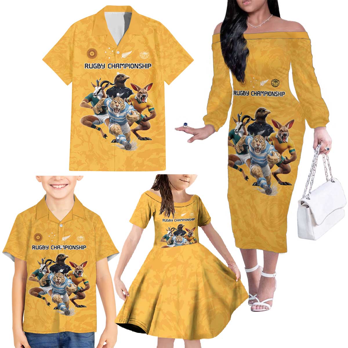 Custom Rugby Southern Hemisphere Family Matching Off The Shoulder Long Sleeve Dress and Hawaiian Shirt Argentina AUNZ South Africa Mascot Gold LT9 - Polynesian Pride