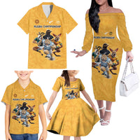 Custom Rugby Southern Hemisphere Family Matching Off The Shoulder Long Sleeve Dress and Hawaiian Shirt Argentina AUNZ South Africa Mascot Gold LT9 - Polynesian Pride
