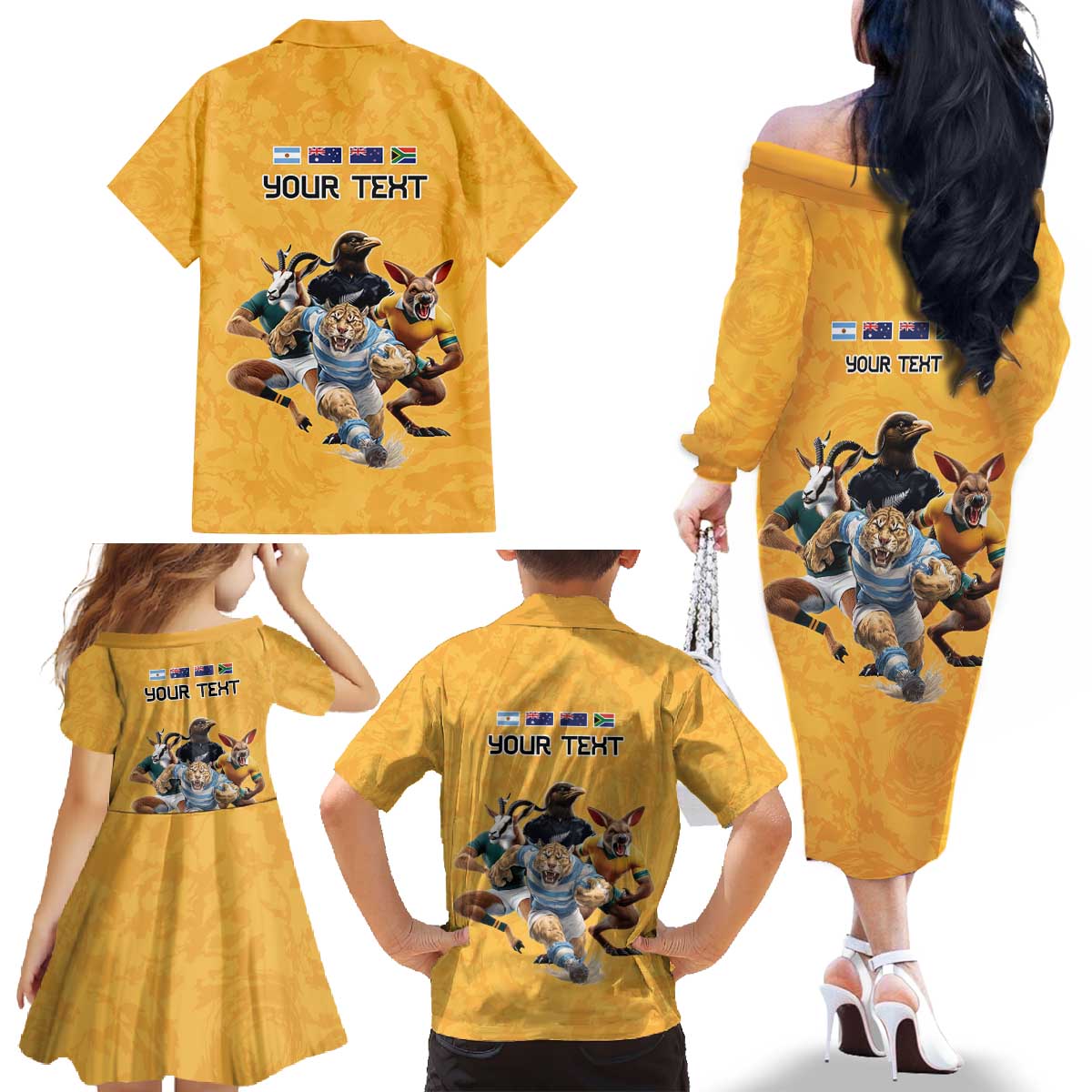 Custom Rugby Southern Hemisphere Family Matching Off The Shoulder Long Sleeve Dress and Hawaiian Shirt Argentina AUNZ South Africa Mascot Gold LT9 - Polynesian Pride