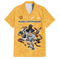 Custom Rugby Southern Hemisphere Family Matching Off The Shoulder Long Sleeve Dress and Hawaiian Shirt Argentina AUNZ South Africa Mascot Gold LT9 Dad's Shirt - Short Sleeve Gold - Polynesian Pride