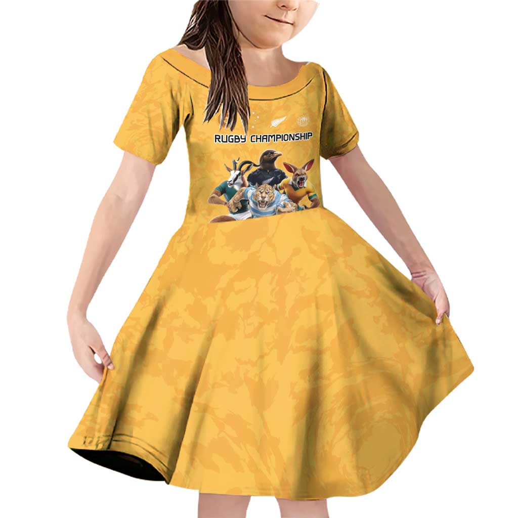 Custom Rugby Southern Hemisphere Family Matching Off Shoulder Short Dress and Hawaiian Shirt Argentina AUNZ South Africa Mascot Gold LT9 Daughter's Dress Gold - Polynesian Pride