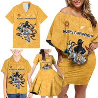 Custom Rugby Southern Hemisphere Family Matching Off Shoulder Short Dress and Hawaiian Shirt Argentina AUNZ South Africa Mascot Gold LT9 - Polynesian Pride