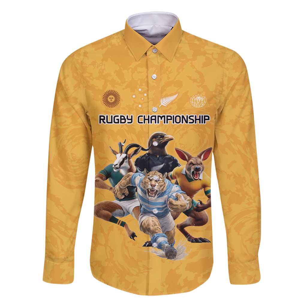 Custom Rugby Southern Hemisphere Family Matching Off Shoulder Short Dress and Hawaiian Shirt Argentina AUNZ South Africa Mascot Gold LT9 Dad's Shirt - Long Sleeve Gold - Polynesian Pride
