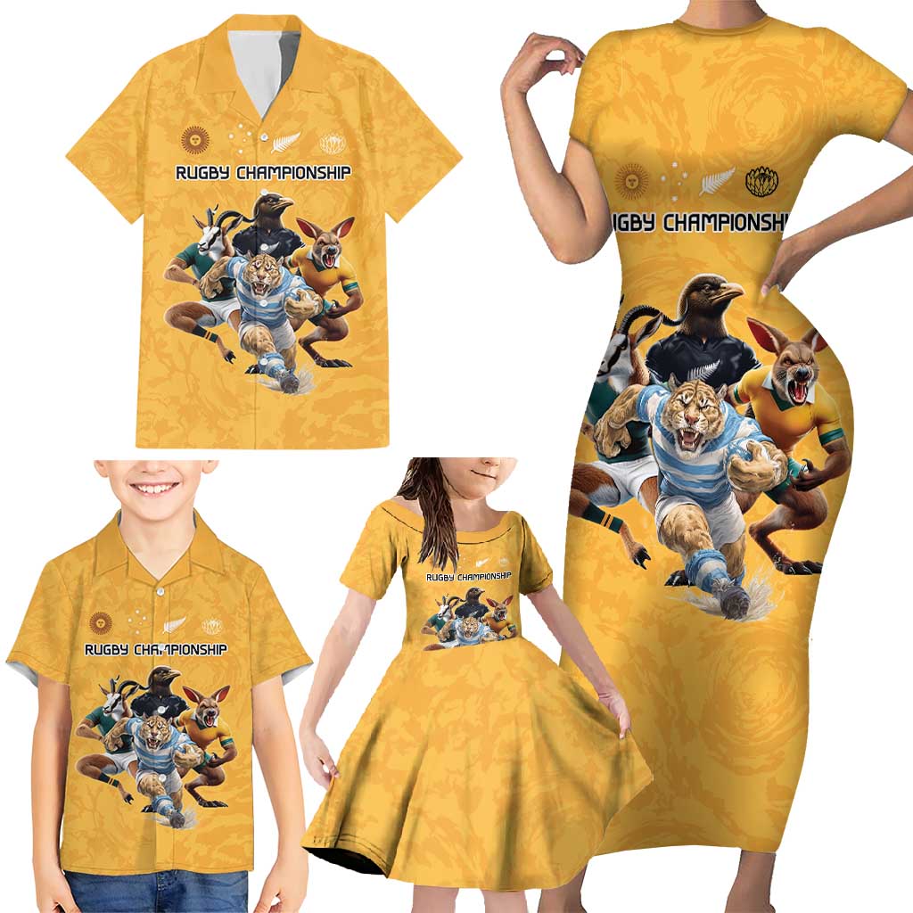 Custom Rugby Southern Hemisphere Family Matching Short Sleeve Bodycon Dress and Hawaiian Shirt Argentina AUNZ South Africa Mascot Gold - Polynesian Pride