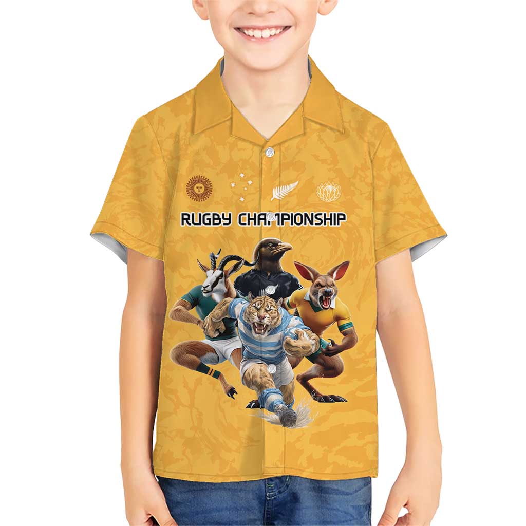 Custom Rugby Southern Hemisphere Family Matching Short Sleeve Bodycon Dress and Hawaiian Shirt Argentina AUNZ South Africa Mascot Gold LT9 Son's Shirt Gold - Polynesian Pride