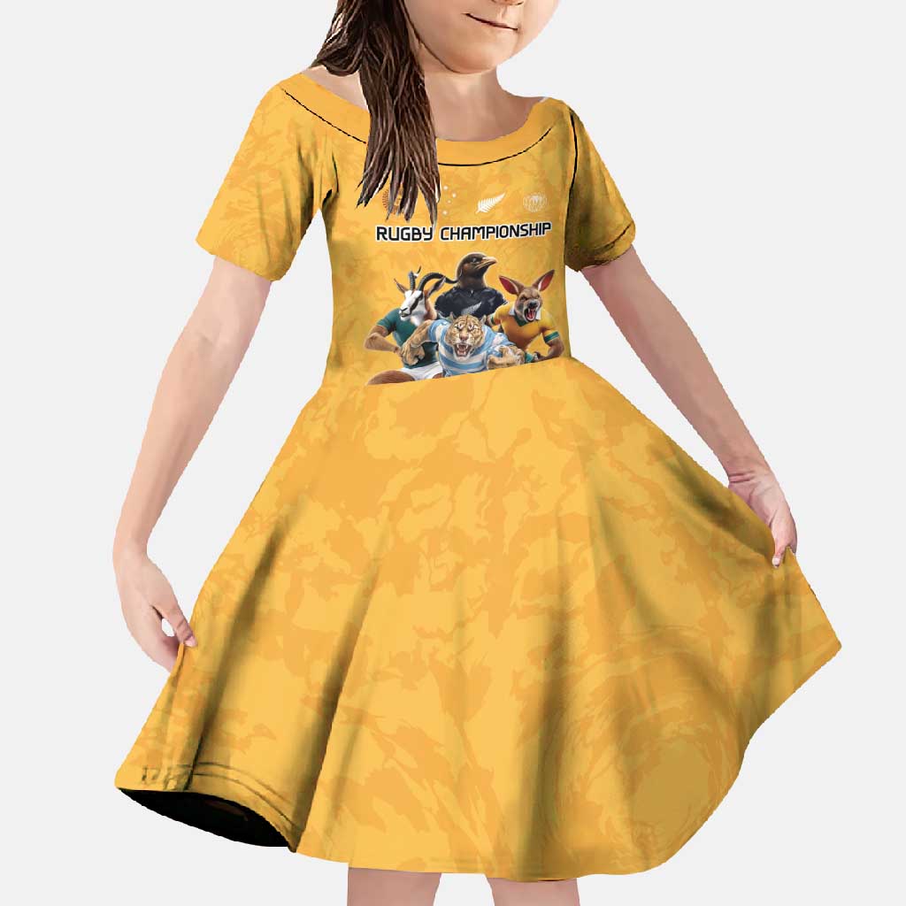 Custom Rugby Southern Hemisphere Family Matching Summer Maxi Dress and Hawaiian Shirt Argentina AUNZ South Africa Mascot Gold LT9 Daughter's Dress Gold - Polynesian Pride