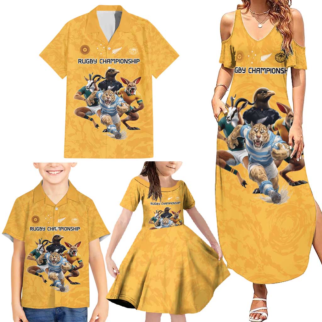 Custom Rugby Southern Hemisphere Family Matching Summer Maxi Dress and Hawaiian Shirt Argentina AUNZ South Africa Mascot Gold LT9 - Polynesian Pride