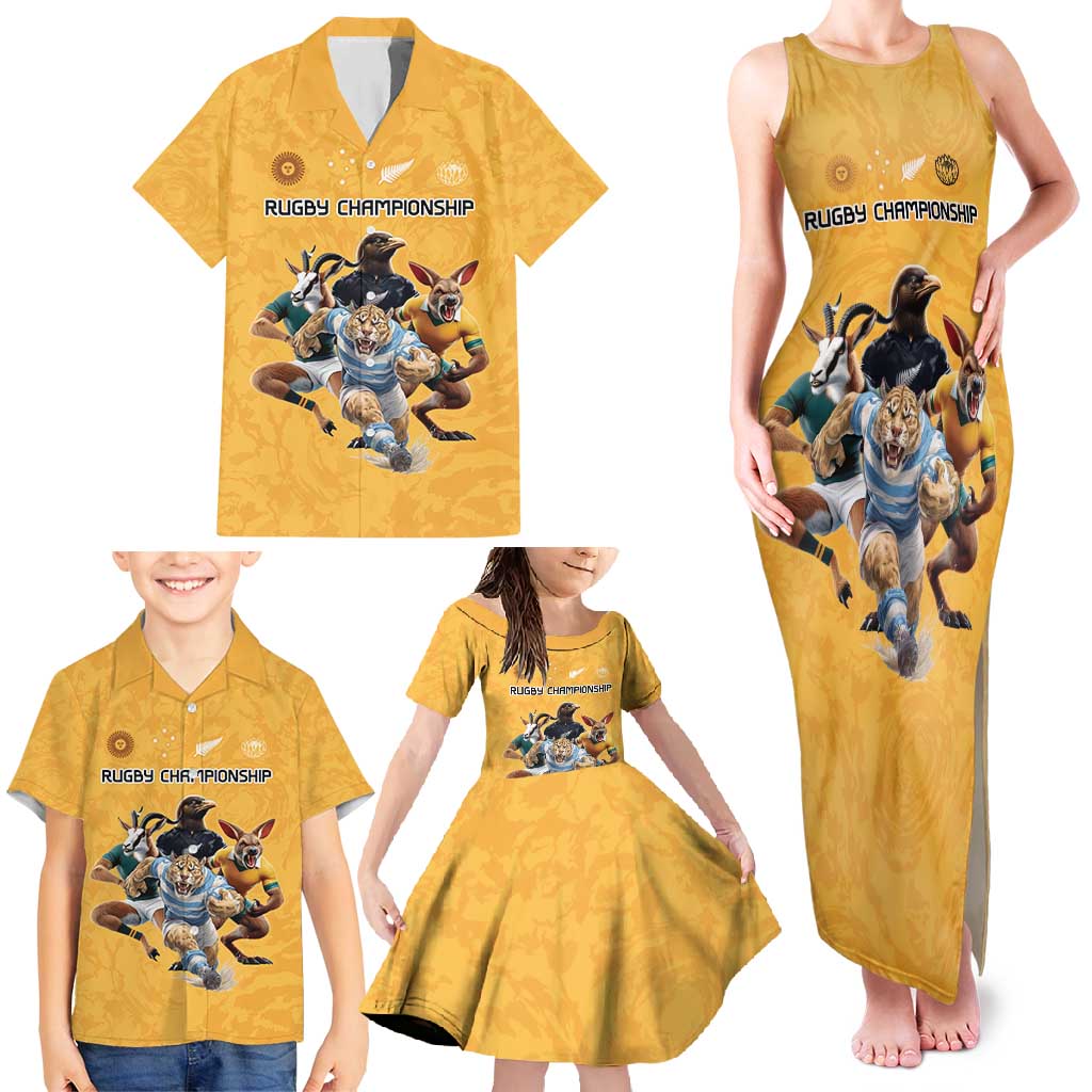 Custom Rugby Southern Hemisphere Family Matching Tank Maxi Dress and Hawaiian Shirt Argentina AUNZ South Africa Mascot Gold LT9 - Polynesian Pride