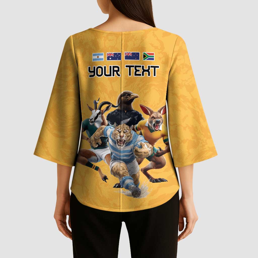 Custom Rugby Southern Hemisphere Kimono Sleeve Blouse Argentina AUNZ South Africa Mascot Gold LT9 - Polynesian Pride