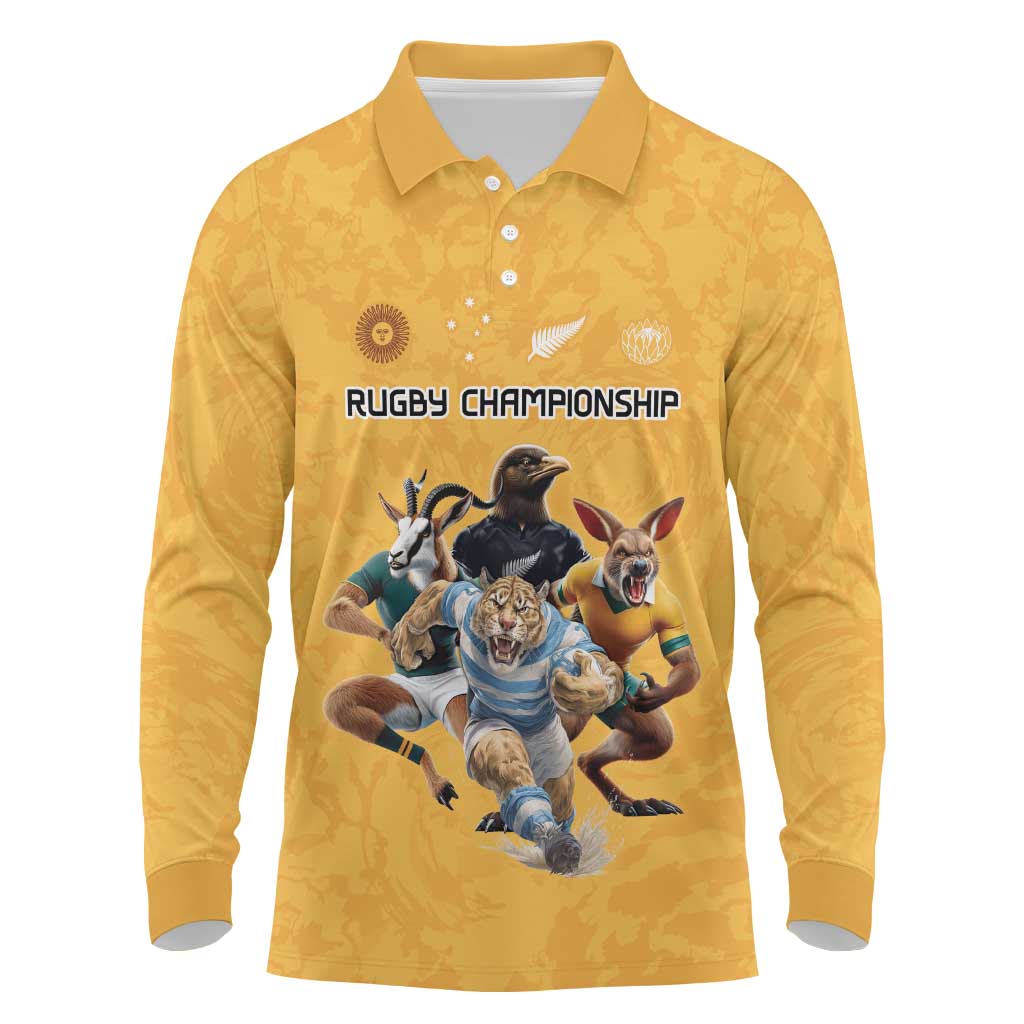 Custom Rugby Southern Hemisphere Long Sleeve Polo Shirt Argentina AUNZ South Africa Mascot Gold LT9 Gold - Polynesian Pride