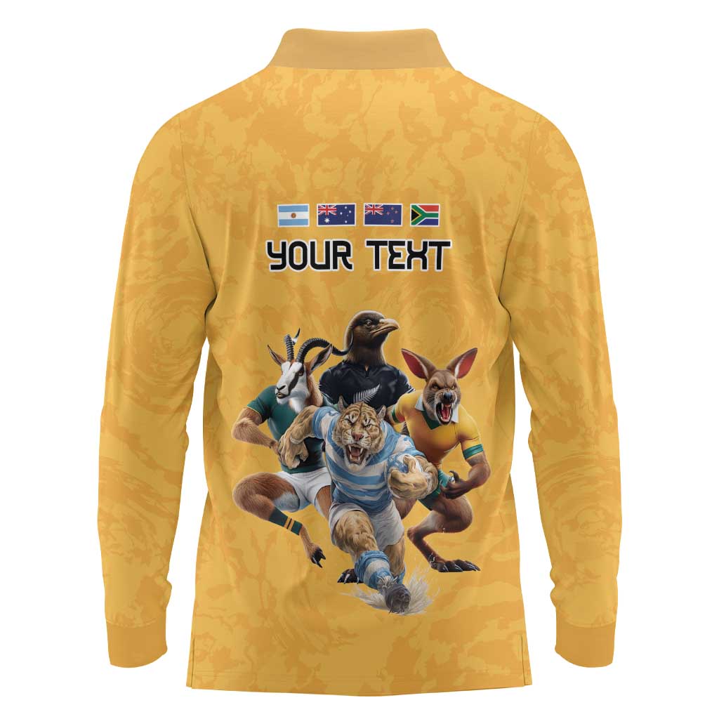 Custom Rugby Southern Hemisphere Long Sleeve Polo Shirt Argentina AUNZ South Africa Mascot Gold LT9 - Polynesian Pride
