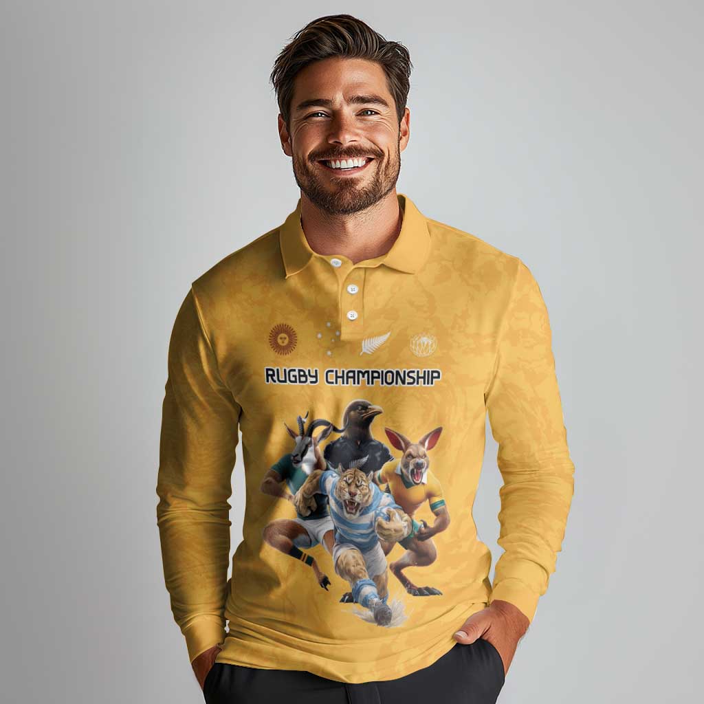 Custom Rugby Southern Hemisphere Long Sleeve Polo Shirt Argentina AUNZ South Africa Mascot Gold LT9 - Polynesian Pride