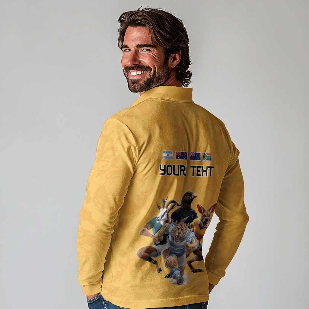 Custom Rugby Southern Hemisphere Long Sleeve Polo Shirt Argentina AUNZ South Africa Mascot Gold LT9 - Polynesian Pride