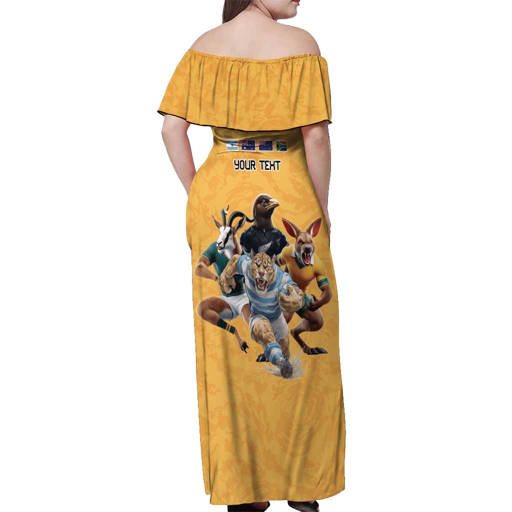 Custom Rugby Southern Hemisphere Off Shoulder Maxi Dress Argentina AUNZ South Africa Mascot Gold LT9 - Polynesian Pride