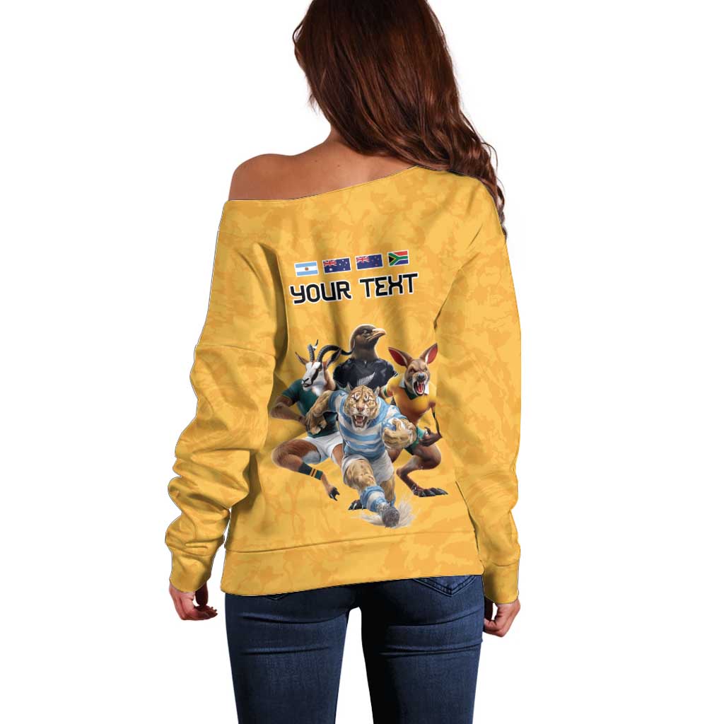 Custom Rugby Southern Hemisphere Off Shoulder Sweater Argentina AUNZ South Africa Mascot Gold LT9 - Polynesian Pride