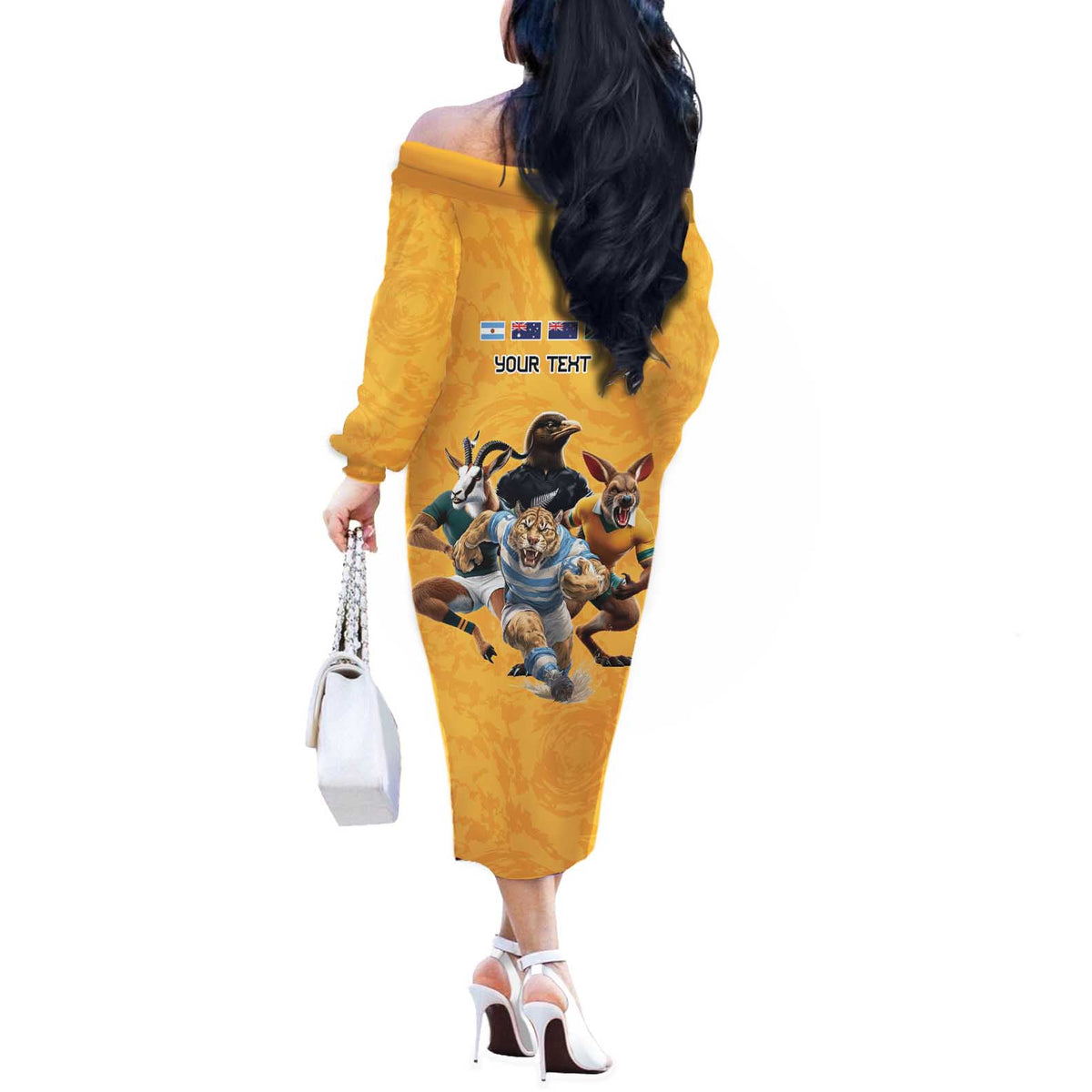 Custom Rugby Southern Hemisphere Off The Shoulder Long Sleeve Dress Argentina AUNZ South Africa Mascot Gold LT9 - Polynesian Pride