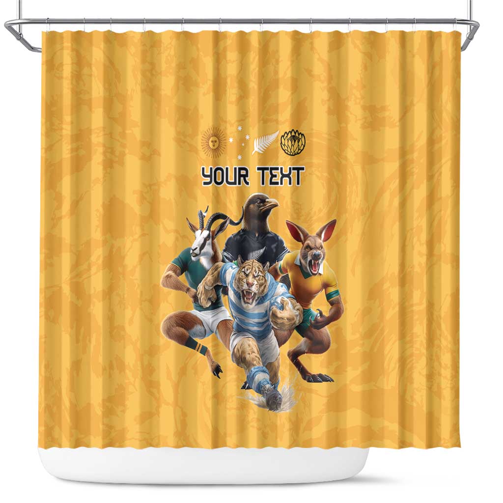 Custom Rugby Southern Hemisphere Shower Curtain Argentina AUNZ South Africa Mascot Gold LT9 Gold - Polynesian Pride