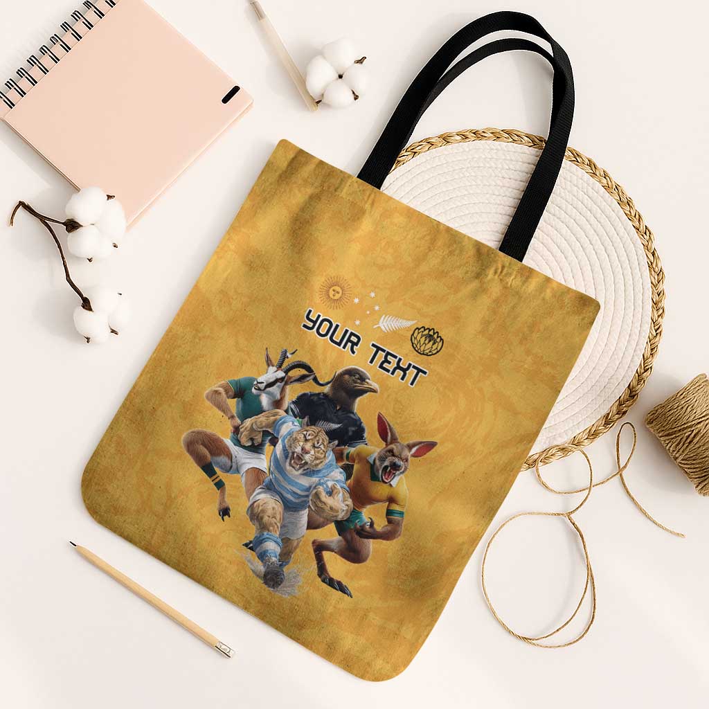 Custom Rugby Southern Hemisphere Tote Bag Argentina AUNZ South Africa Mascot Gold LT9 Black Strap One Size Gold - Polynesian Pride