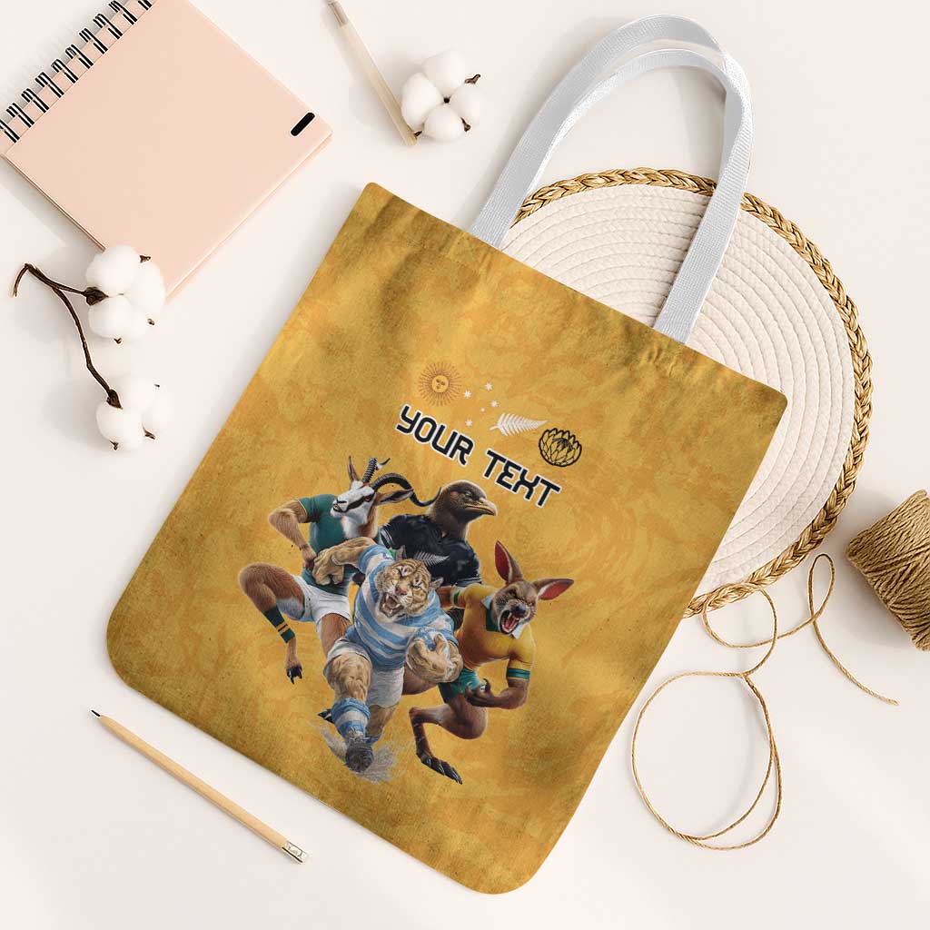 Custom Rugby Southern Hemisphere Tote Bag Argentina AUNZ South Africa Mascot Gold LT9 White Strap One Size Gold - Polynesian Pride