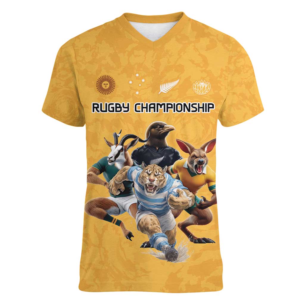 Custom Rugby Southern Hemisphere Women V-Neck T-Shirt Argentina AUNZ South Africa Mascot Gold LT9 Female Gold - Polynesian Pride