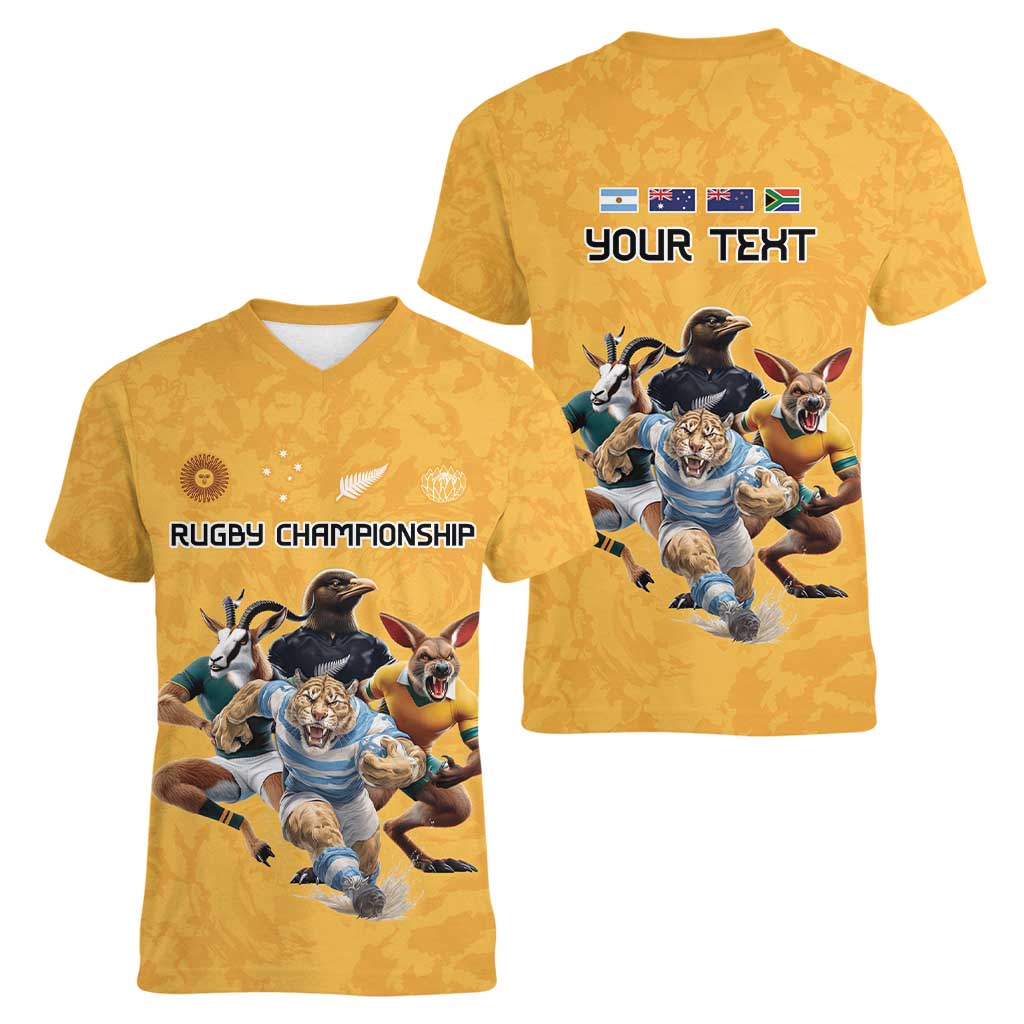 Custom Rugby Southern Hemisphere Women V-Neck T-Shirt Argentina AUNZ South Africa Mascot Gold LT9 - Polynesian Pride