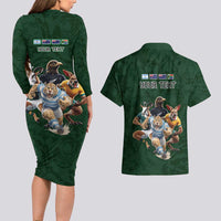 Custom Rugby Southern Hemisphere Couples Matching Long Sleeve Bodycon Dress and Hawaiian Shirt Argentina AUNZ South Africa Mascot Green - Polynesian Pride
