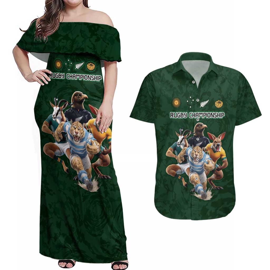 Custom Rugby Southern Hemisphere Couples Matching Off Shoulder Maxi Dress and Hawaiian Shirt Argentina AUNZ South Africa Mascot Green LT9 Green - Polynesian Pride