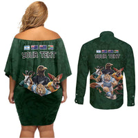 Custom Rugby Southern Hemisphere Couples Matching Off Shoulder Short Dress and Long Sleeve Button Shirt Argentina AUNZ South Africa Mascot Green LT9 - Polynesian Pride