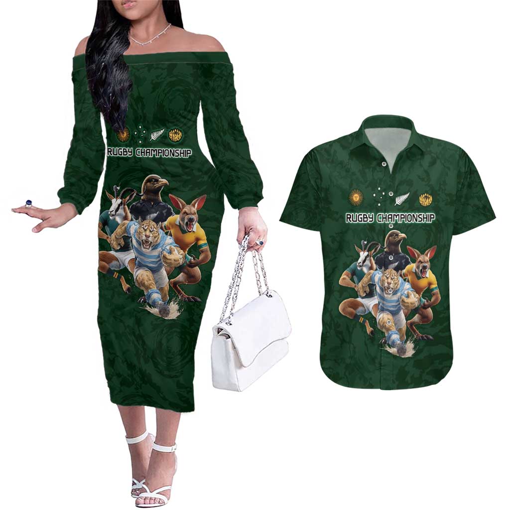 Custom Rugby Southern Hemisphere Couples Matching Off The Shoulder Long Sleeve Dress and Hawaiian Shirt Argentina AUNZ South Africa Mascot Green - Polynesian Pride
