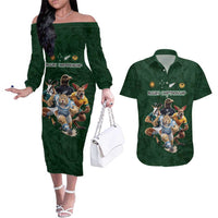Custom Rugby Southern Hemisphere Couples Matching Off The Shoulder Long Sleeve Dress and Hawaiian Shirt Argentina AUNZ South Africa Mascot Green LT9 Green - Polynesian Pride