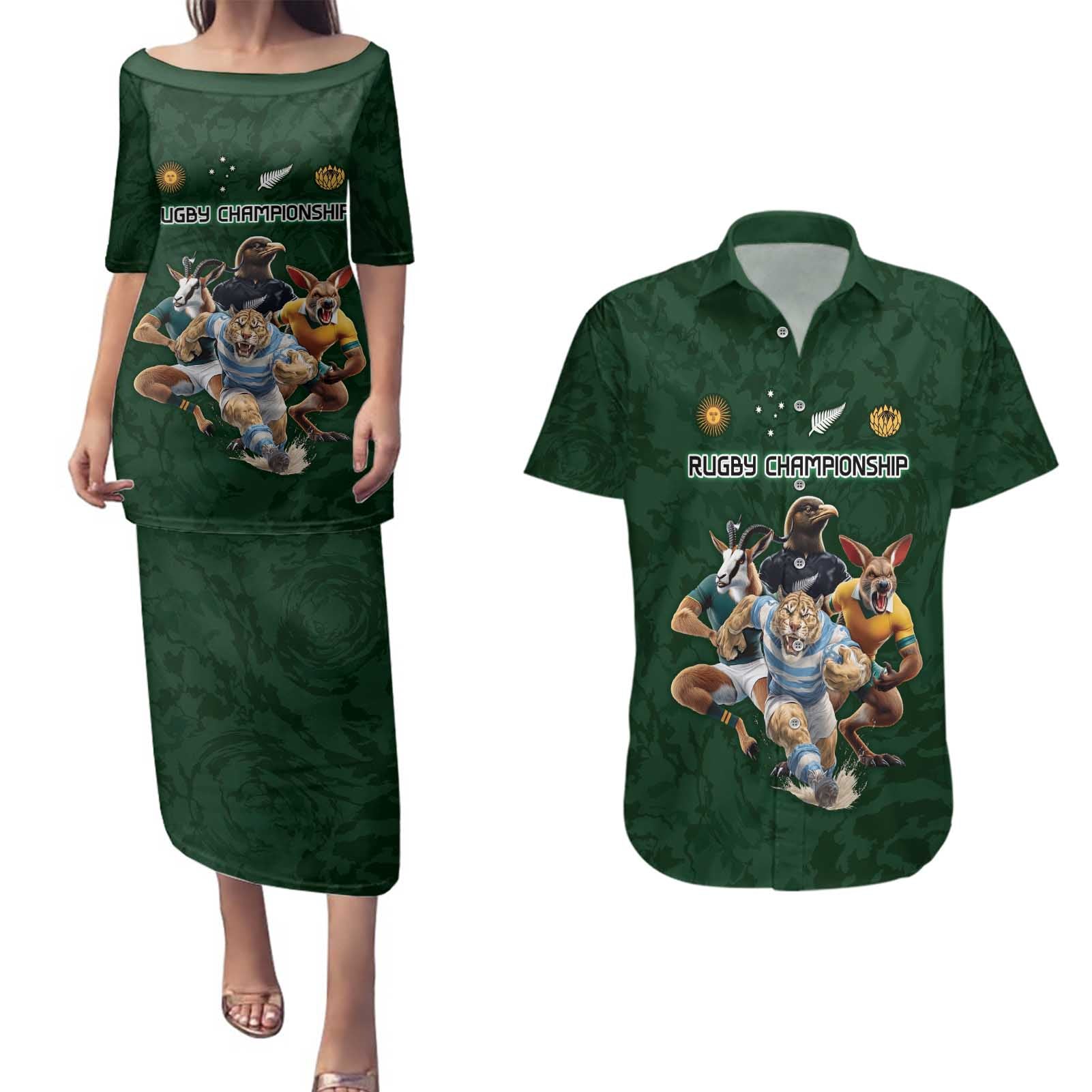 Custom Rugby Southern Hemisphere Couples Matching Puletasi and Hawaiian Shirt Argentina AUNZ South Africa Mascot Green - Polynesian Pride