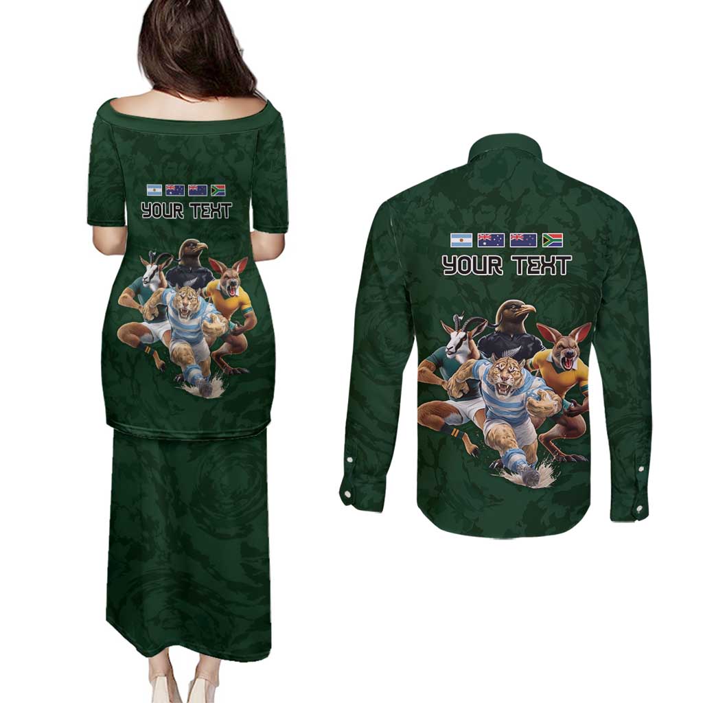 Custom Rugby Southern Hemisphere Couples Matching Puletasi and Long Sleeve Button Shirt Argentina AUNZ South Africa Mascot Green - Polynesian Pride