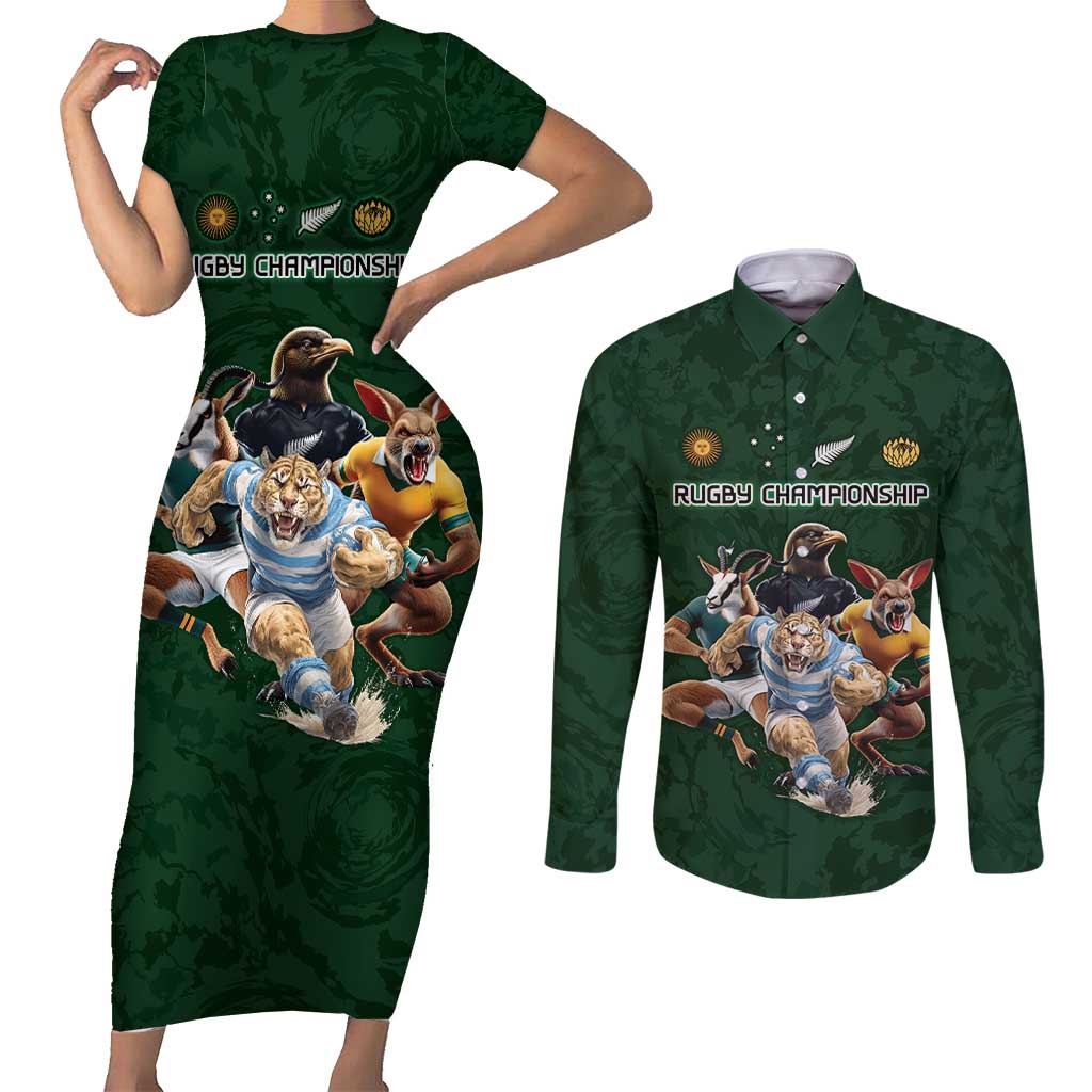 Custom Rugby Southern Hemisphere Couples Matching Short Sleeve Bodycon Dress and Long Sleeve Button Shirt Argentina AUNZ South Africa Mascot Green - Polynesian Pride