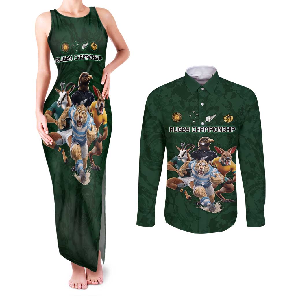 Custom Rugby Southern Hemisphere Couples Matching Tank Maxi Dress and Long Sleeve Button Shirt Argentina AUNZ South Africa Mascot Green - Polynesian Pride