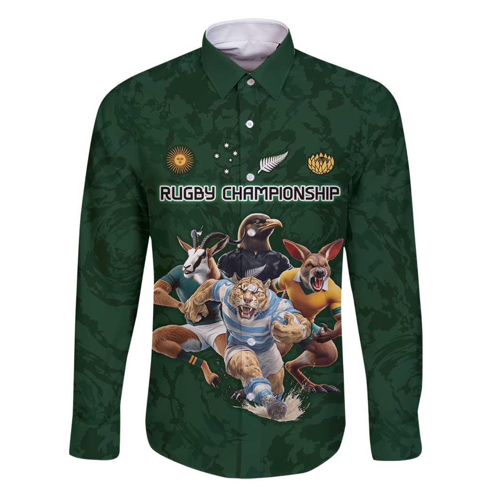 Custom Rugby Southern Hemisphere Family Matching Long Sleeve Bodycon Dress and Hawaiian Shirt Argentina AUNZ South Africa Mascot Green LT9 Dad's Shirt - Long Sleeve Green - Polynesian Pride