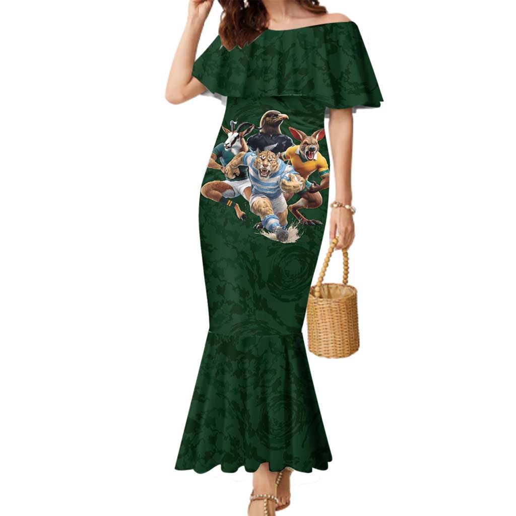 Custom Rugby Southern Hemisphere Family Matching Mermaid Dress and Hawaiian Shirt Argentina AUNZ South Africa Mascot Green LT9 Mom's Dress Green - Polynesian Pride