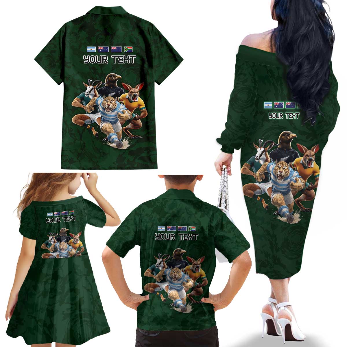 Custom Rugby Southern Hemisphere Family Matching Off The Shoulder Long Sleeve Dress and Hawaiian Shirt Argentina AUNZ South Africa Mascot Green LT9 - Polynesian Pride