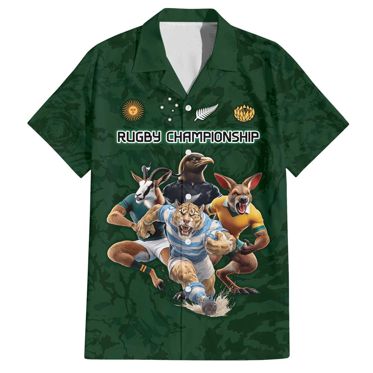 Custom Rugby Southern Hemisphere Family Matching Off The Shoulder Long Sleeve Dress and Hawaiian Shirt Argentina AUNZ South Africa Mascot Green LT9 Dad's Shirt - Short Sleeve Green - Polynesian Pride