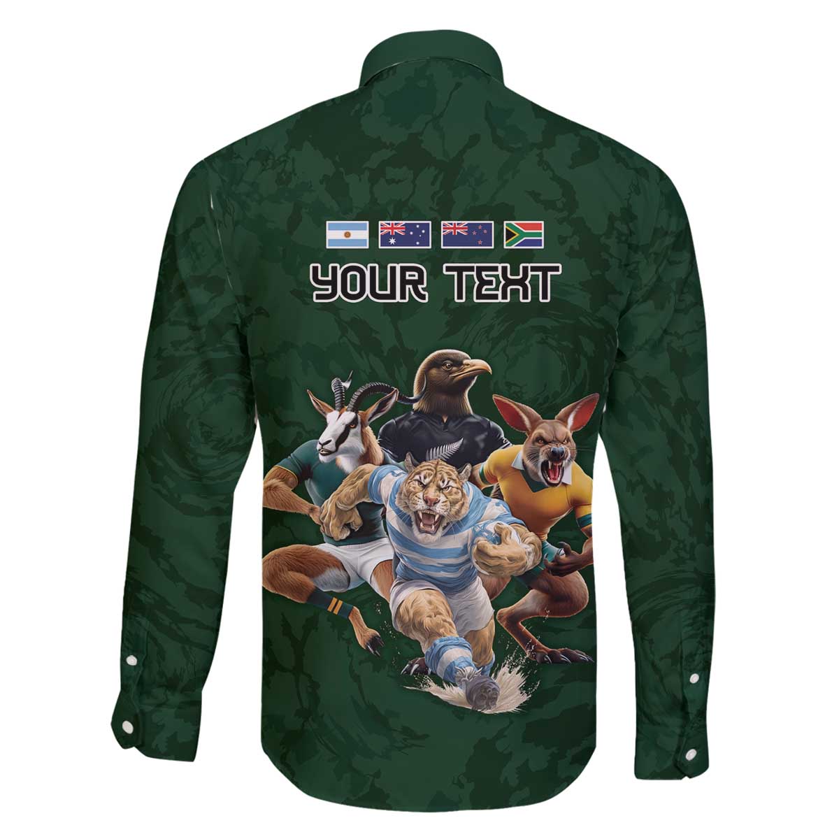 Custom Rugby Southern Hemisphere Family Matching Off The Shoulder Long Sleeve Dress and Hawaiian Shirt Argentina AUNZ South Africa Mascot Green LT9 - Polynesian Pride