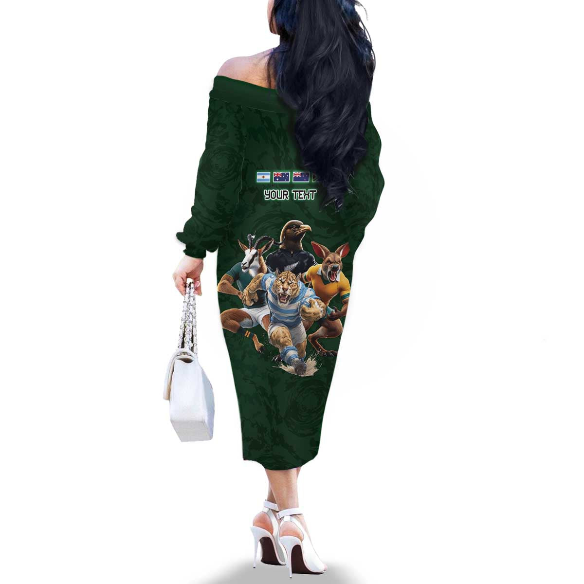 Custom Rugby Southern Hemisphere Family Matching Off The Shoulder Long Sleeve Dress and Hawaiian Shirt Argentina AUNZ South Africa Mascot Green LT9 - Polynesian Pride