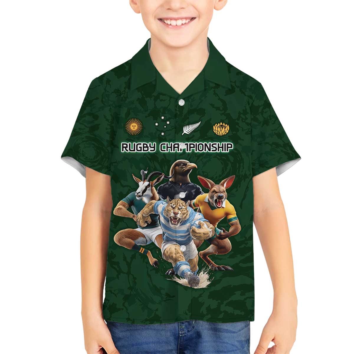 Custom Rugby Southern Hemisphere Family Matching Off The Shoulder Long Sleeve Dress and Hawaiian Shirt Argentina AUNZ South Africa Mascot Green LT9 Son's Shirt Green - Polynesian Pride